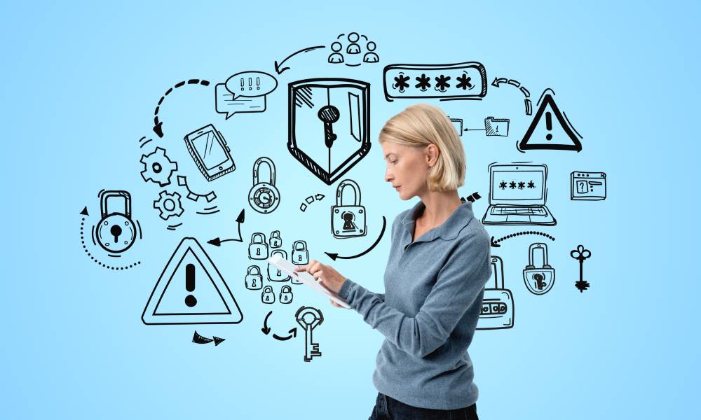 A woman faces sideways and looks at a tablet. Behind her are sketches of caution signs, locks, and other cybersecurity symbols.