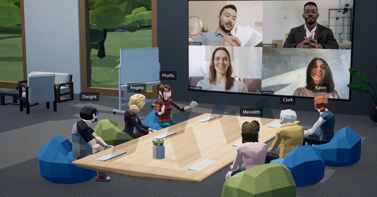 A virtual meeting room with six avatars sitting around a table. Four employees are visible via webcams.