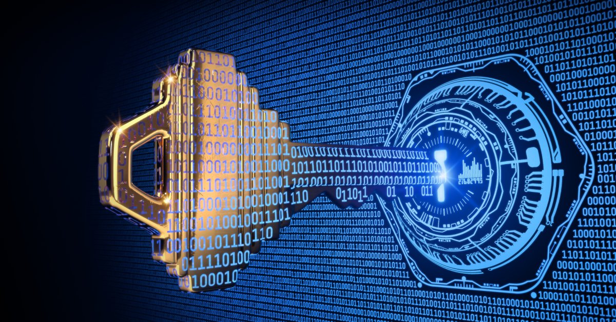 A black background with binary code in blue on top of it. A key hovers over a metaphorical lock graphic.