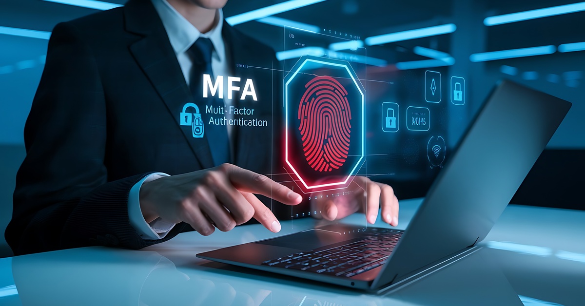 A man in a suit points to something on a laptop. The Word "MFA" and a fingerprint graphic hover over the laptop.